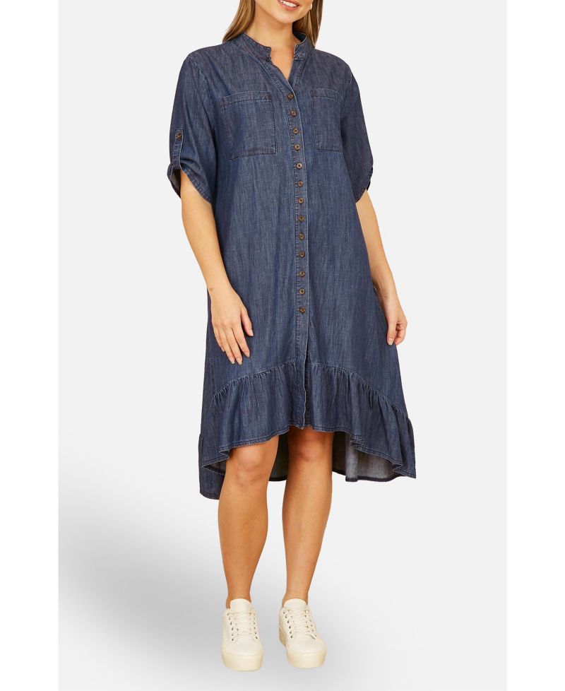 Women's Denim Dip Hem Relaxed Fit Shirt Dress