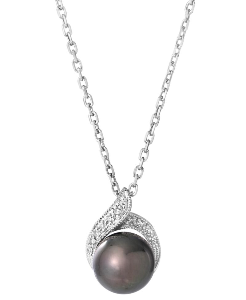 Tahitian Pearl (8mm) and Diamond (1/10 ct. t.w.) Pendant Necklace in Sterling Silver
