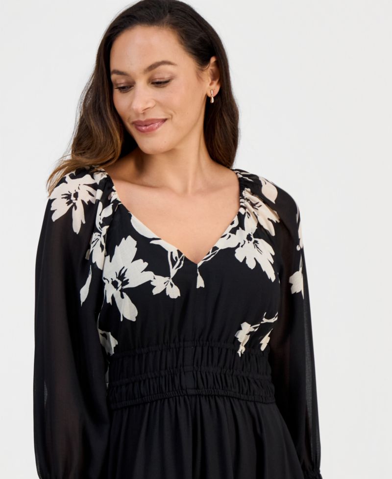 Women's Pleated Long-Sleeve Chiffon Dress