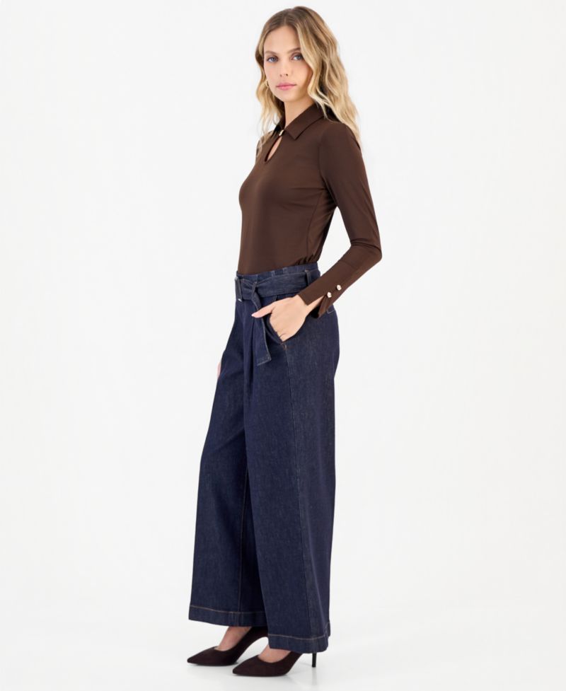 Petite High-Rise Wide-Leg Belted Jeans