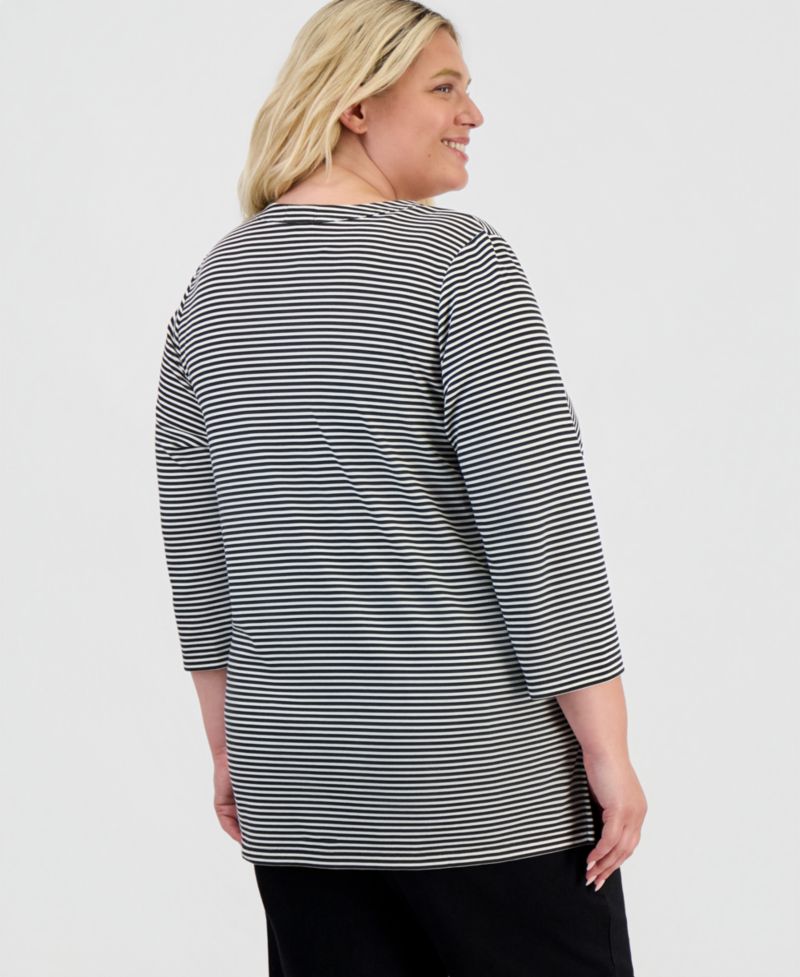 Plus Size Striped 3/4-Sleeve Split-Neck Tunic