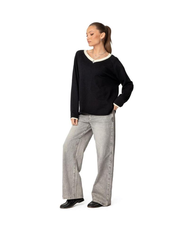 Women's Contrast V Neck Knit Sweater