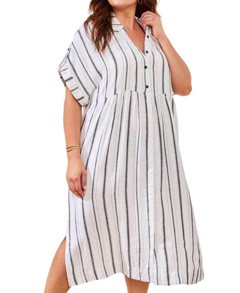 Plus Size Yarn Dye Stripe Flowy Shirt-Dress