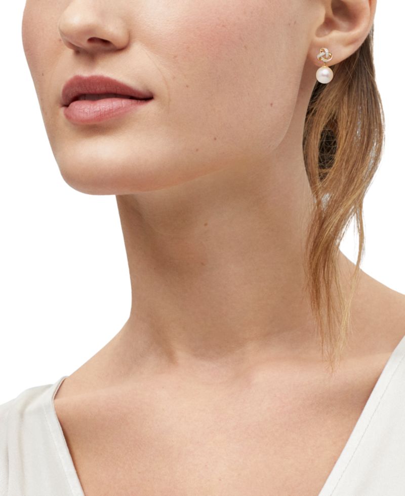 Cultured Ming Pearl (10mm) & Diamond (1/8 ct. t.w.) Love Knot Drop Earrings in 10k Gold