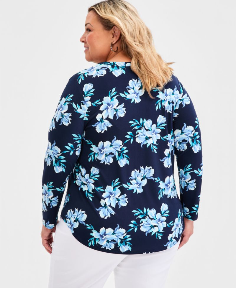 Plus Size Printed Split-Neck Long-Sleeve Top
