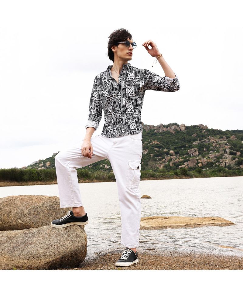 Men's Off-White & Midnight Black Abstract Geometric Shirt