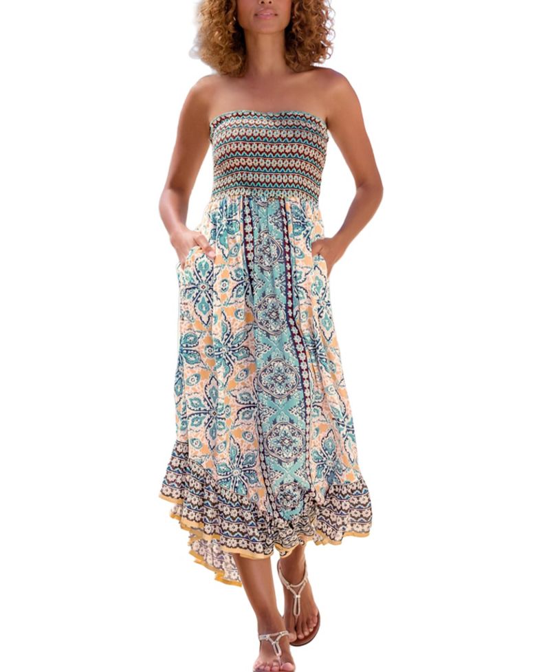Women's Viscose Printed Smocked Bodice Strapless A-Line Midi Dress