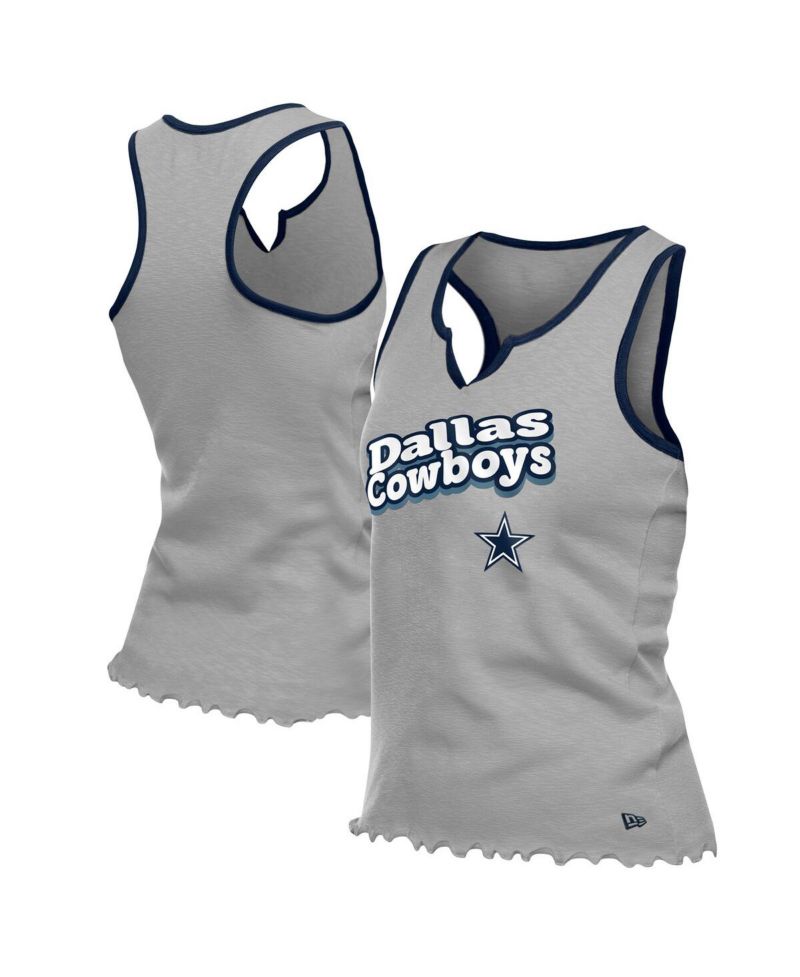 Women's Silver Dallas Cowboys Lettuce Hem Notch Neck Tri-Blend Tank Top
