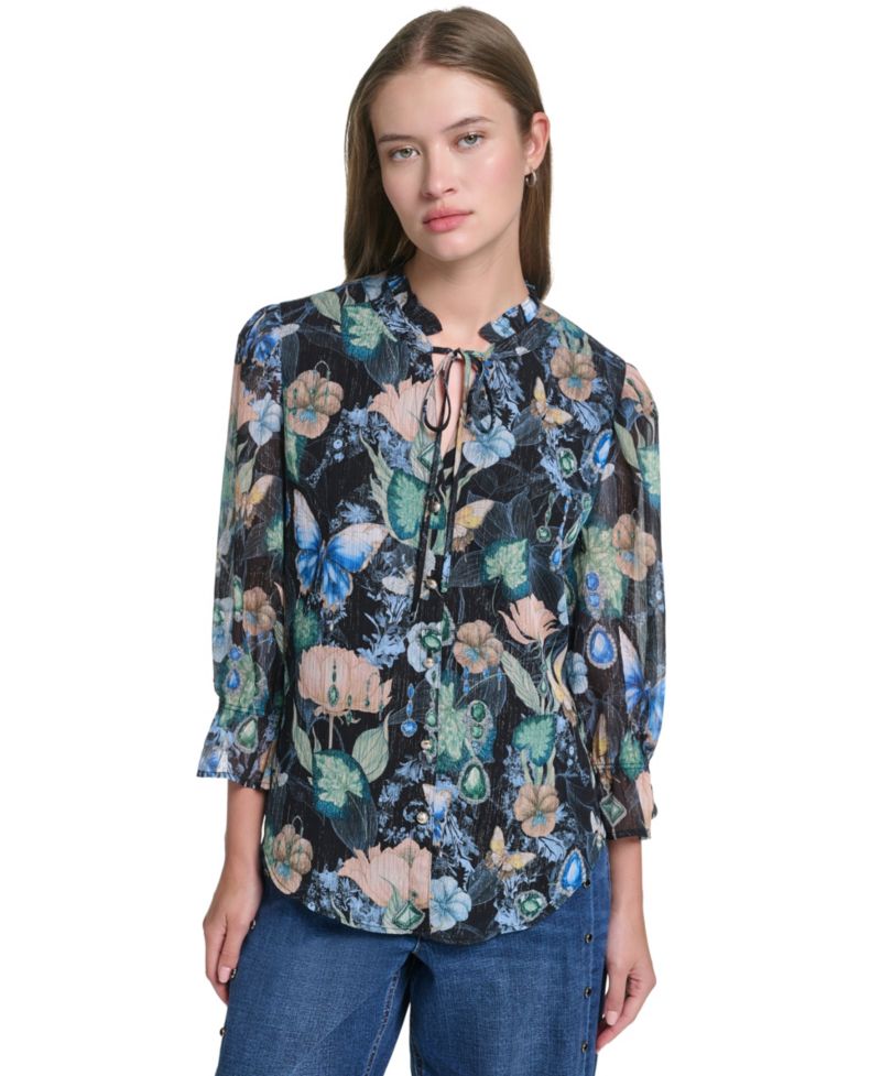 Women's Ruffle Collar Printed Chiffon Button-Up Blouse