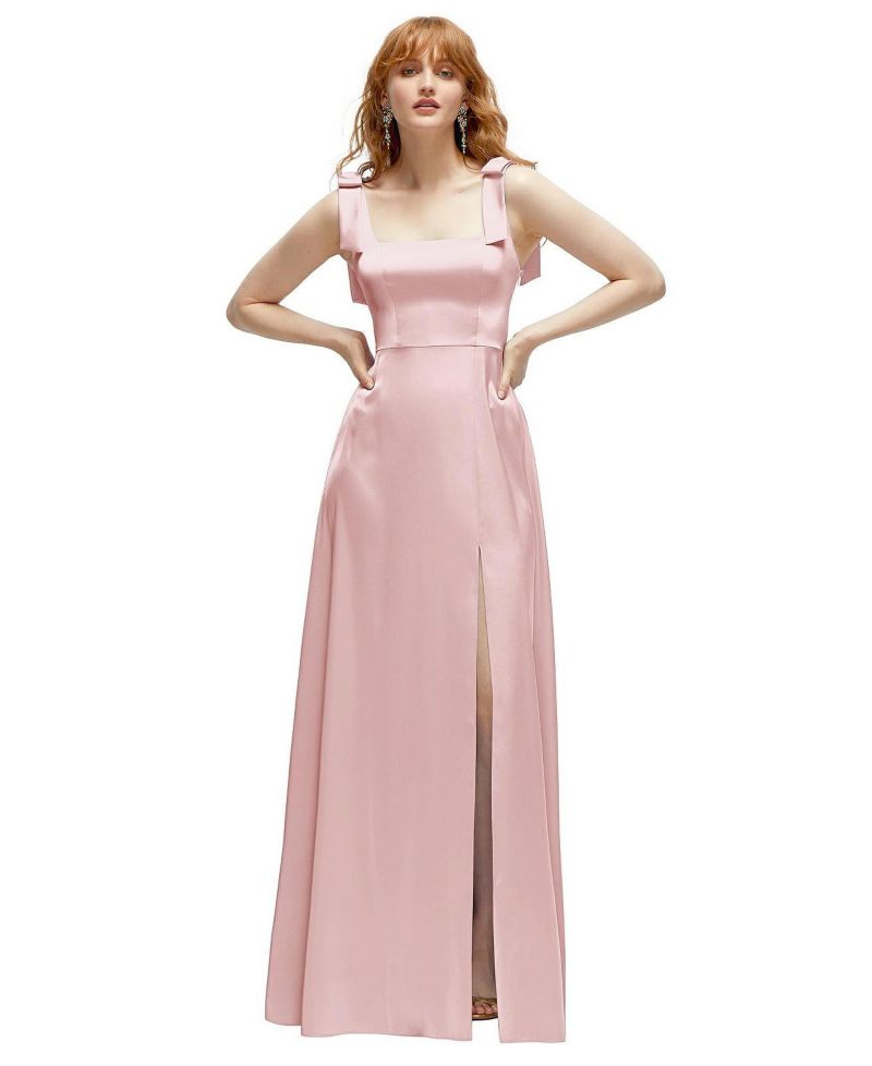 Women's Square Neck Fluid Satin Maxi Dress with Bow Straps