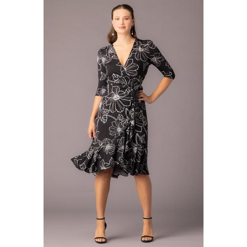 Women's Flirty Flounce Midi Wrap Dress with 3/4 Sleeves