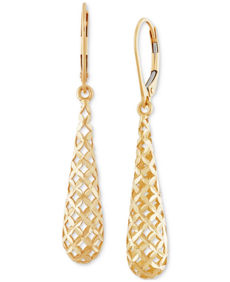 Lattice Work Elongated Teardrop Leverback Drop Earrings in 10k Gold