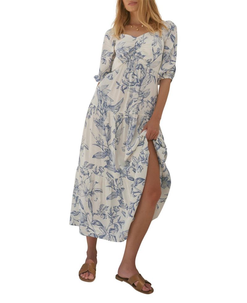 Women's Floral-Print Dropped-Waist Short-Sleeve Maxi Dress