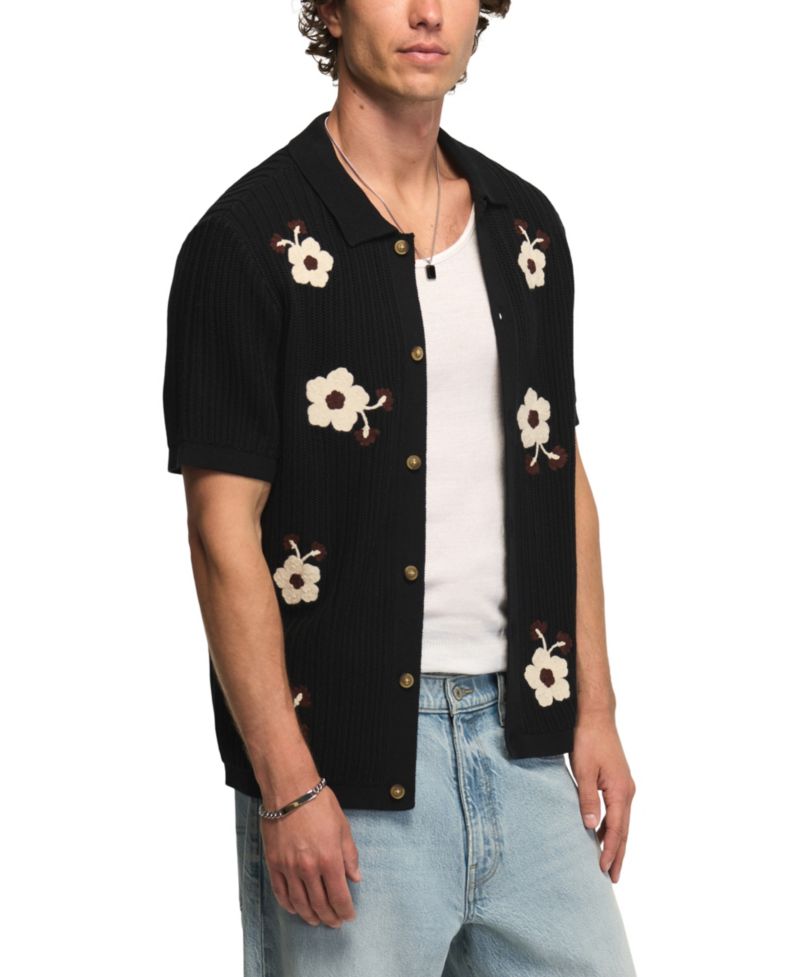 Men's Flower Embroidery Crotchet Button-Down Sweater