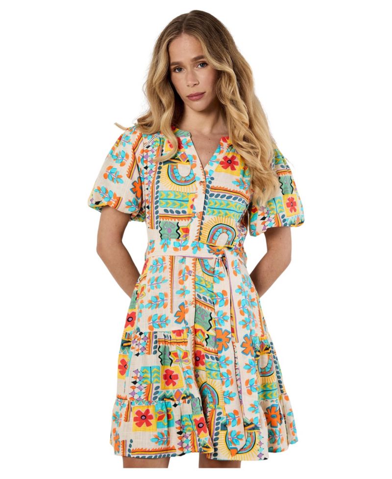 Women's Tropical Animation Puff-Sleeve Tropical-Print Tiered Mini Dress