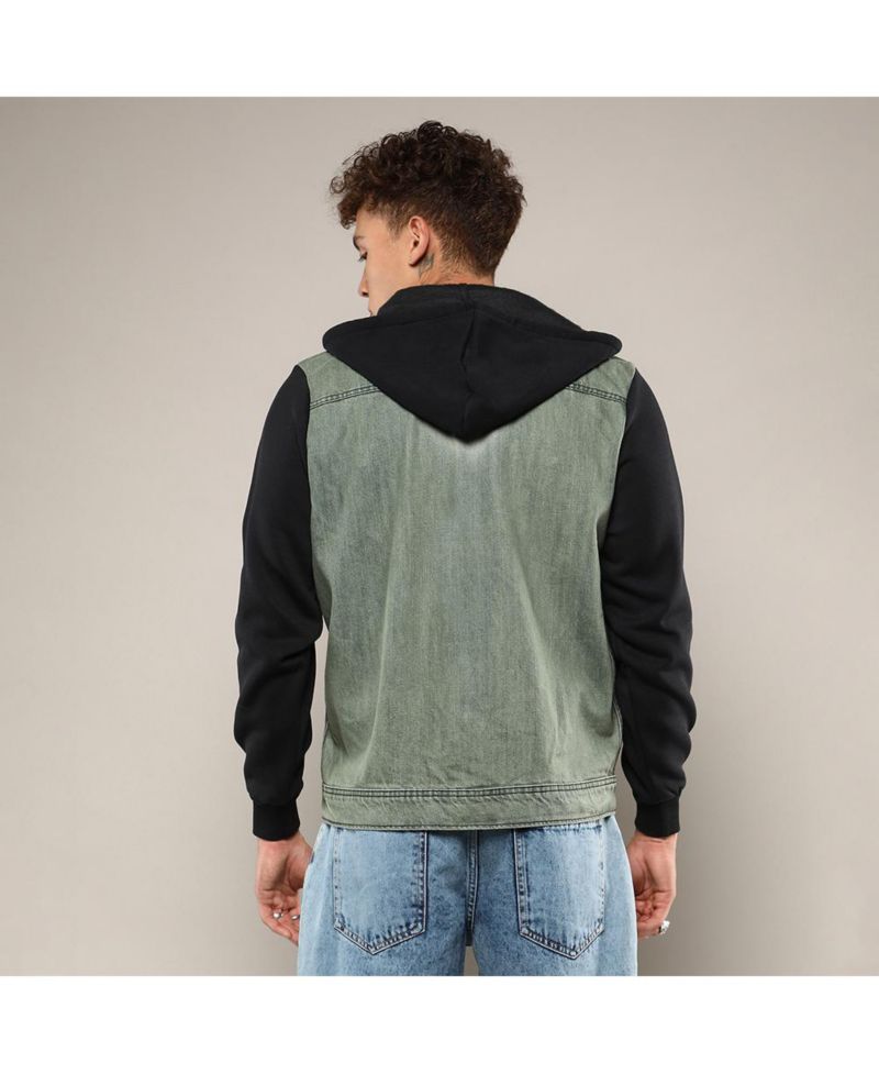 Men's Light-Wash Hooded Denim Jacket With Sweatshirt-Style Sleeves