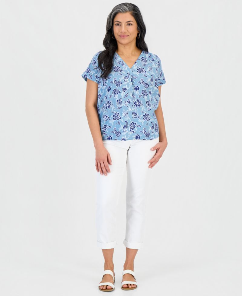 Petite Cotton Gauze V-Neck Short-Sleeve Top