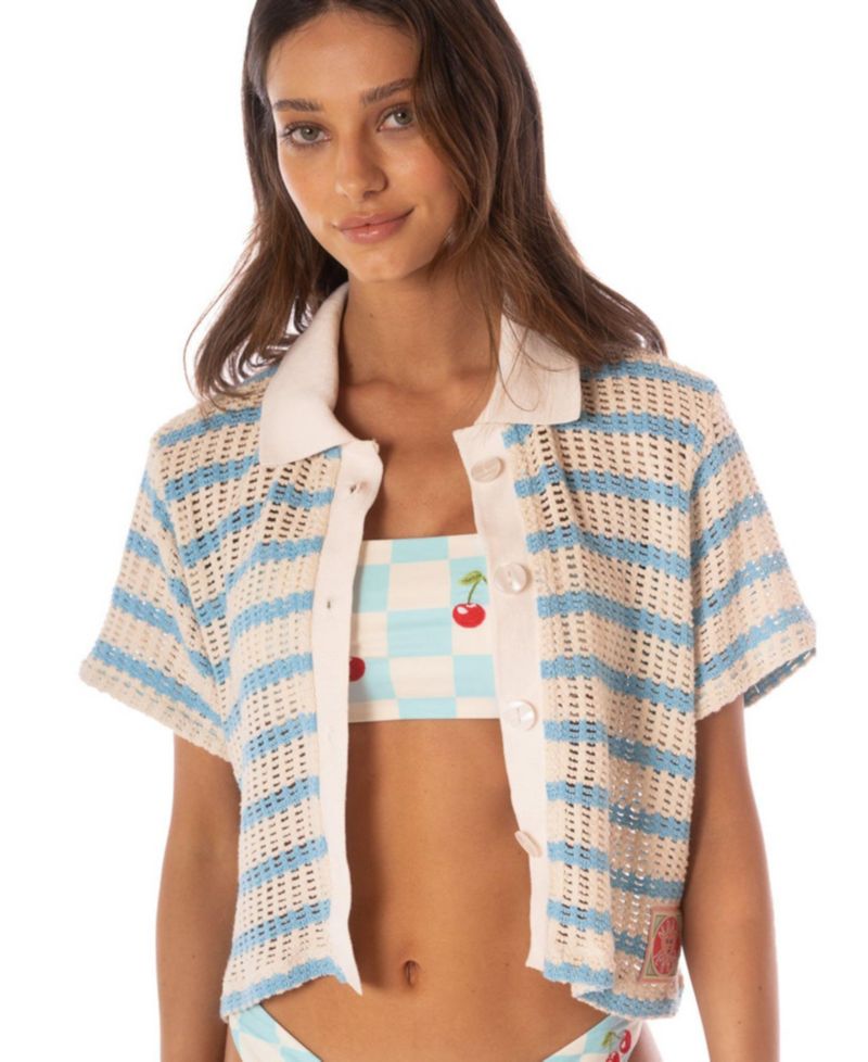 Women's Icy Stripes Wavy Collared Crop Shirt
