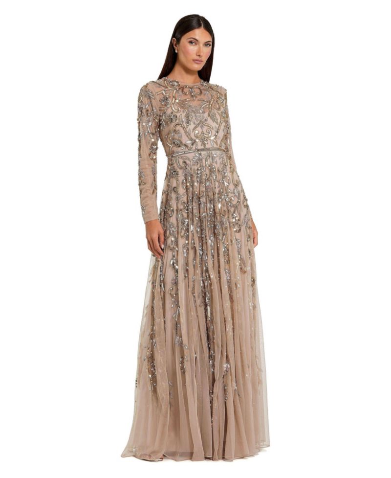 Women's Long Sleeve Hand-Embellished Illusion Neckline Evening Gown