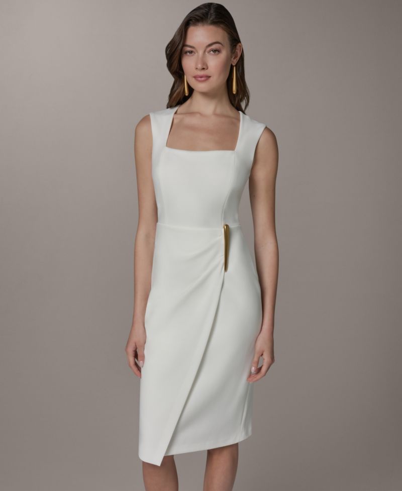 Women's Square Neck Sheath Sleeveless Hardware Midi Dress