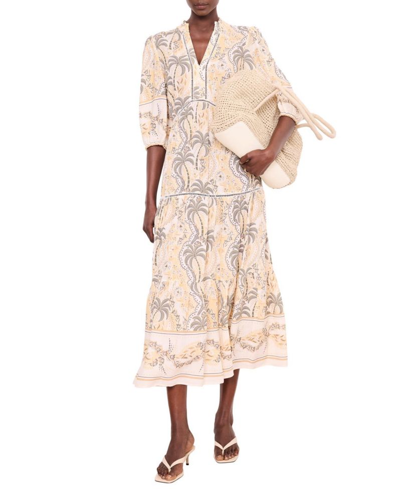 Women's Palm-Print V-Neck 3/4-Sleeve Maxi Dress