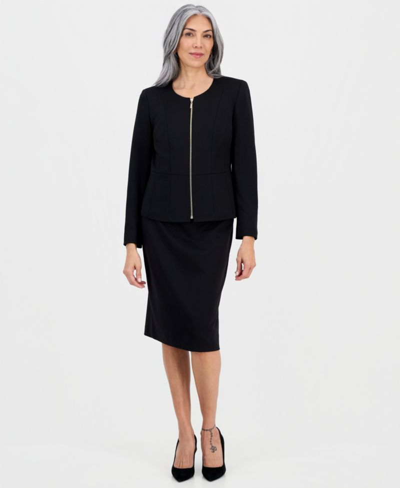 Women's Collarless Zip-Front Ponte 2 Piece Skirt Suit