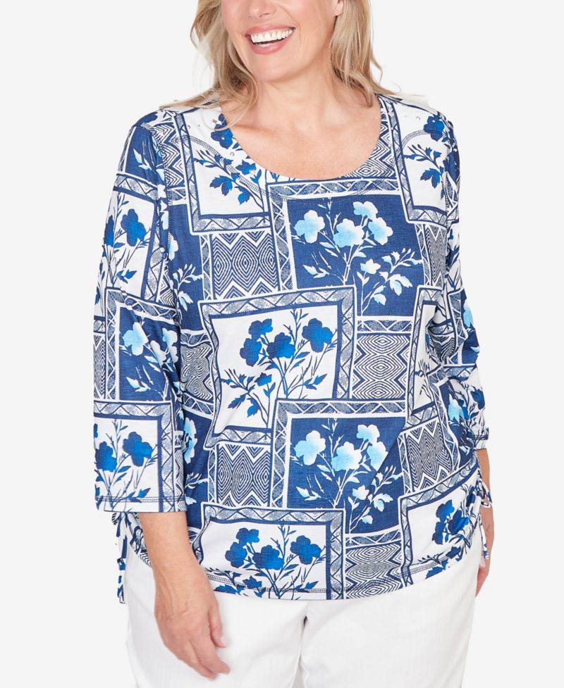 Plus Size Mykonos Framed Floral Ruched Side Tie Top