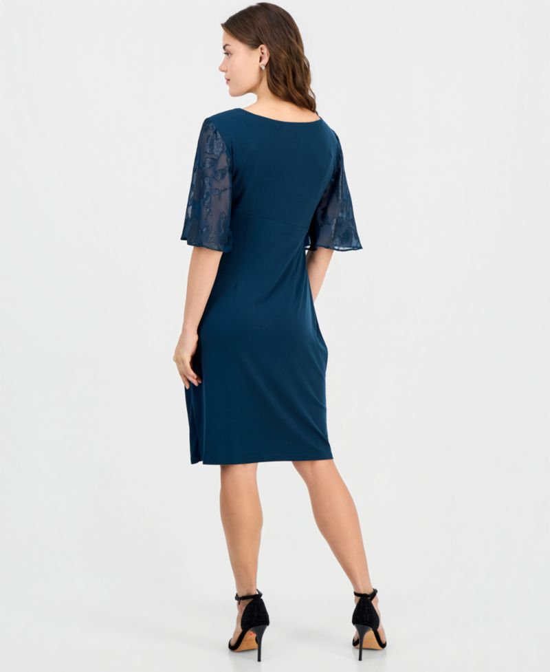 Petite Cocktail Clip-Chiffon Short-Sleeve Dress
