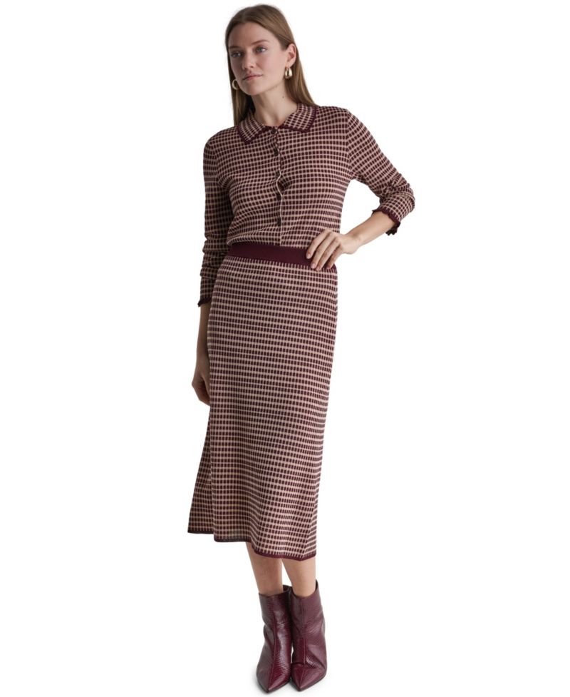 Women's High-Waisted Plaid Knit Midi Skirt