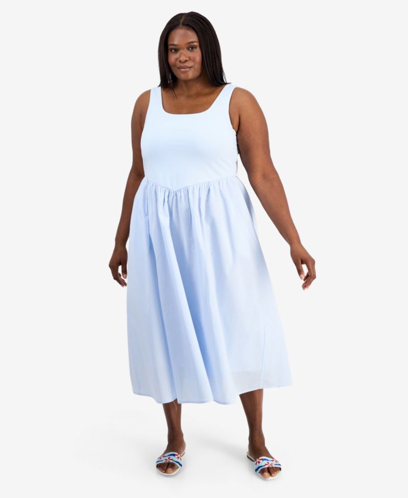 Trendy Plus Size V-Waist Mixed-Media Midi Dress