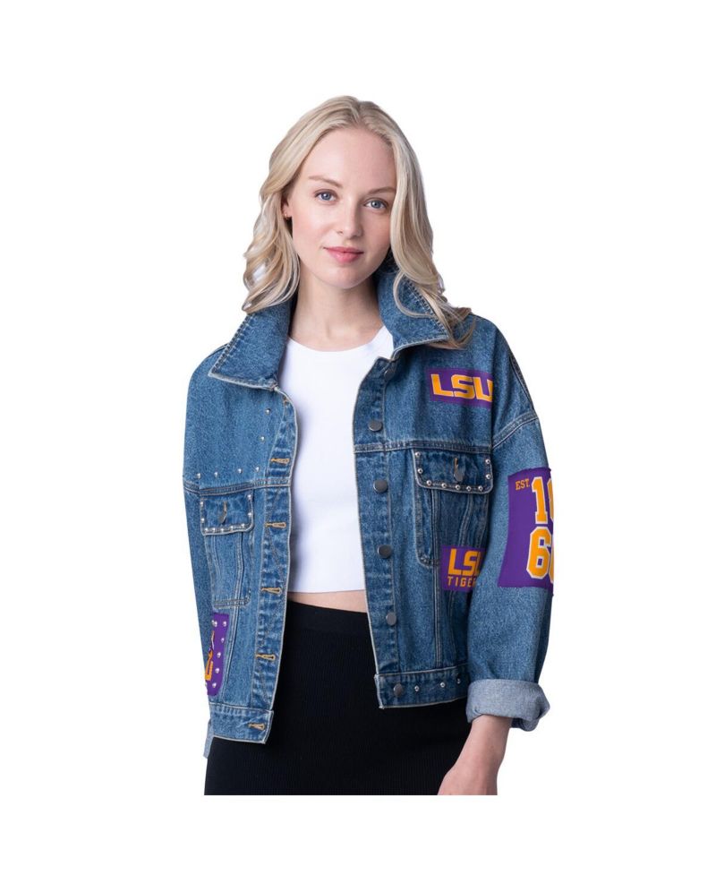 Women's Denim LSU Tigers Game Ball Patches and Studs Full-Button Jacket
