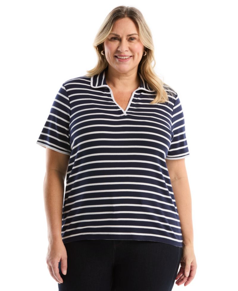 Plus Size Striped Contrast Trim Johnny Collar Short-Sleeve Polo Shirt