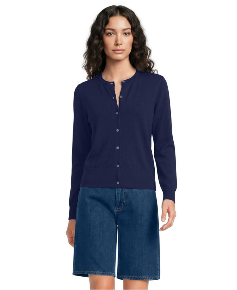 Women's Fine Gauge Cotton Crew Cardigan Sweater