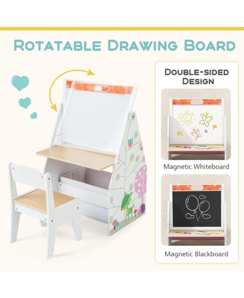 Kids Table & Chair Set with Rotatable Double-sided Magnetic Blackboard & Whiteboard