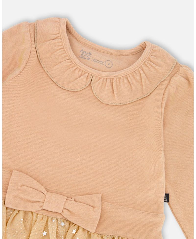 Little Girls Bi-Material Dress with Glittering Skirt Beige - Toddler|Child