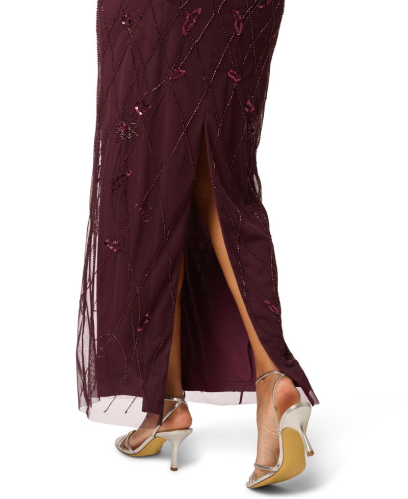 Women's Bead Blouson Boat Neck Short-Sleeve Long Dress