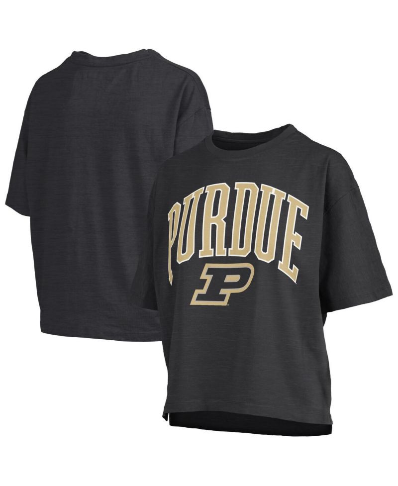 Women's Black Purdue Boilermakers Nelson Arch Over Logo Waist Length Oversized Slub T-Shirt