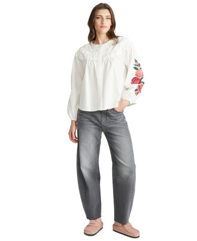 Women's Rustic Roses Long-Sleeve Floral-Embroidered Blouse