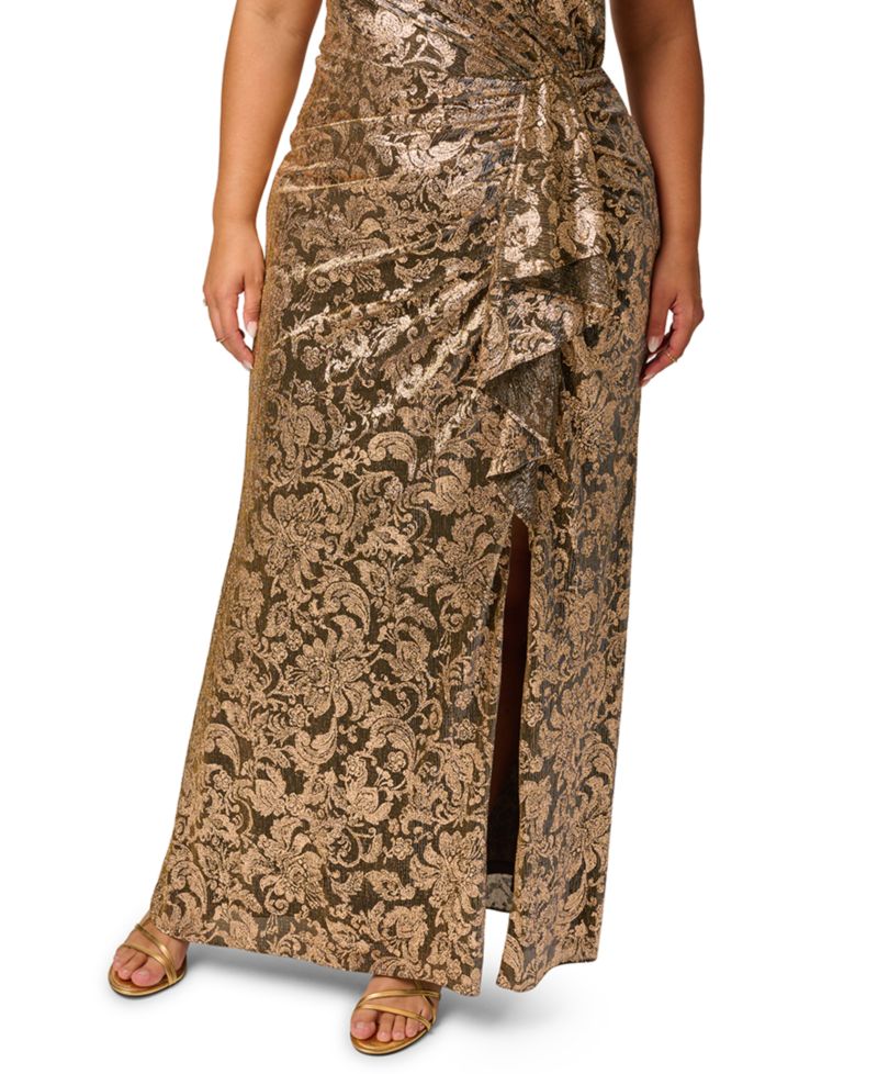Petite Metallic-Floral Asymmetrical Neckline Sleeveless Gown