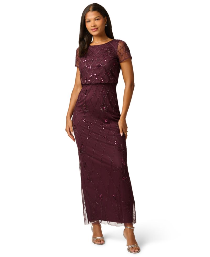 Women's Bead Blouson Boat Neck Short-Sleeve Long Dress