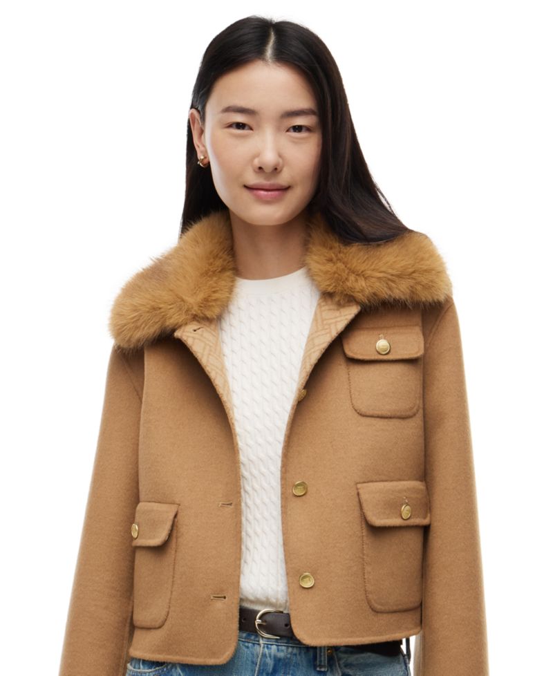 Women's Wool-Blend Cropped Jacket with Faux Fur