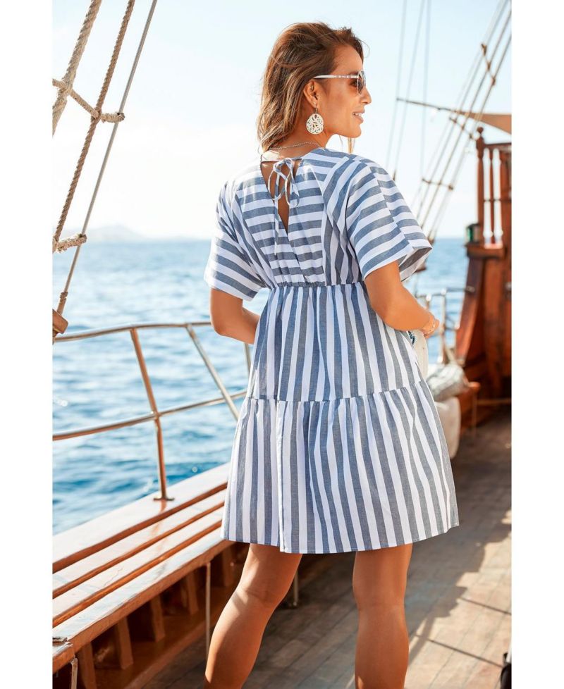 Women's Cotton Striped Tiered V-Neck Elastic-Waist Short Dress