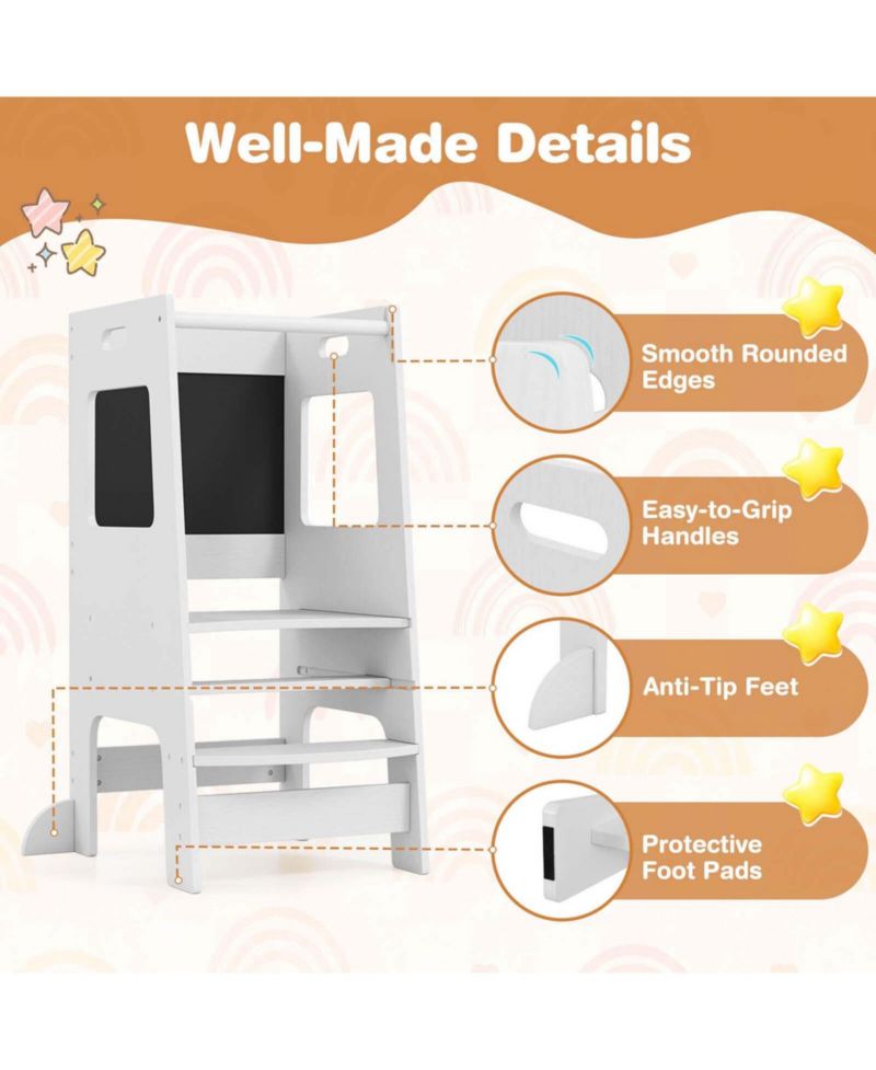 Toddler Kitchen Step Stool with Activity Chalkboard Adjustable Height & Safety Rail