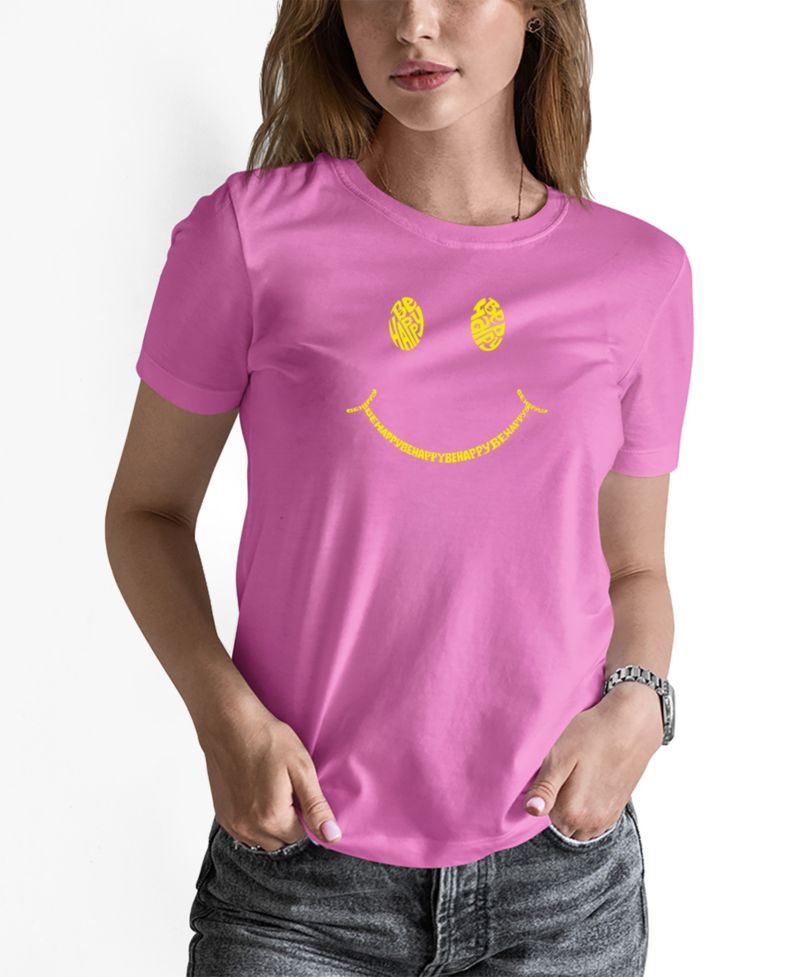 Women's Be Happy Smiley Face Word Art T-shirt