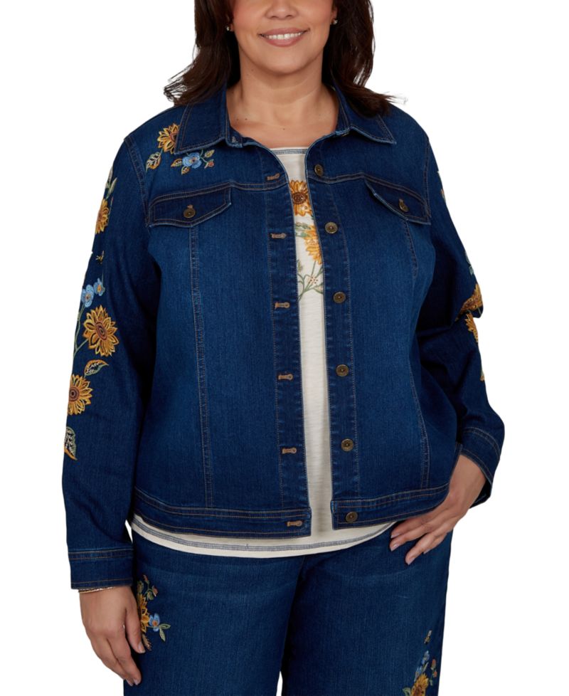 Plus Size Floral-Embroidered Denim Jacket