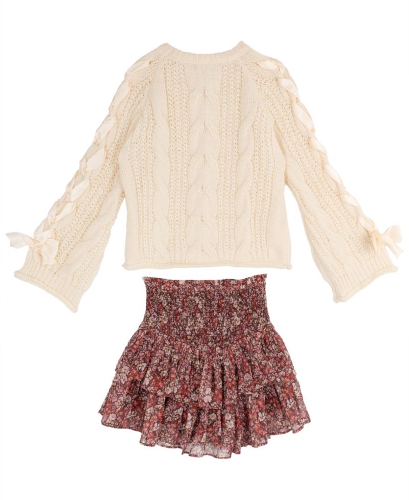Girls' 7-12 Cable-Knit Sweater and Floral Lurex Chiffon Skort, 2-Piece Set