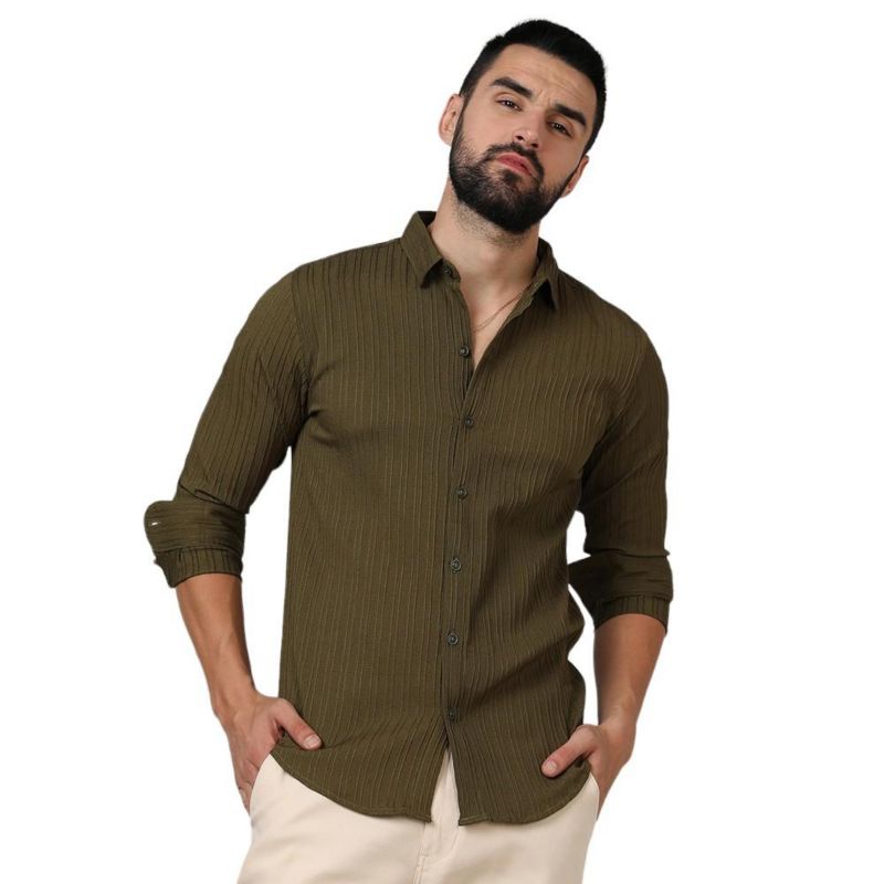 Men's Olive Green Self-Design Striped Shirt