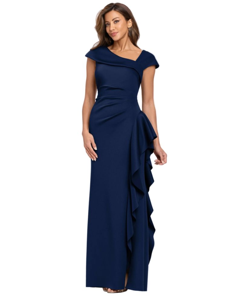 Petite Asymmetric Neck Side Ruffle Gown