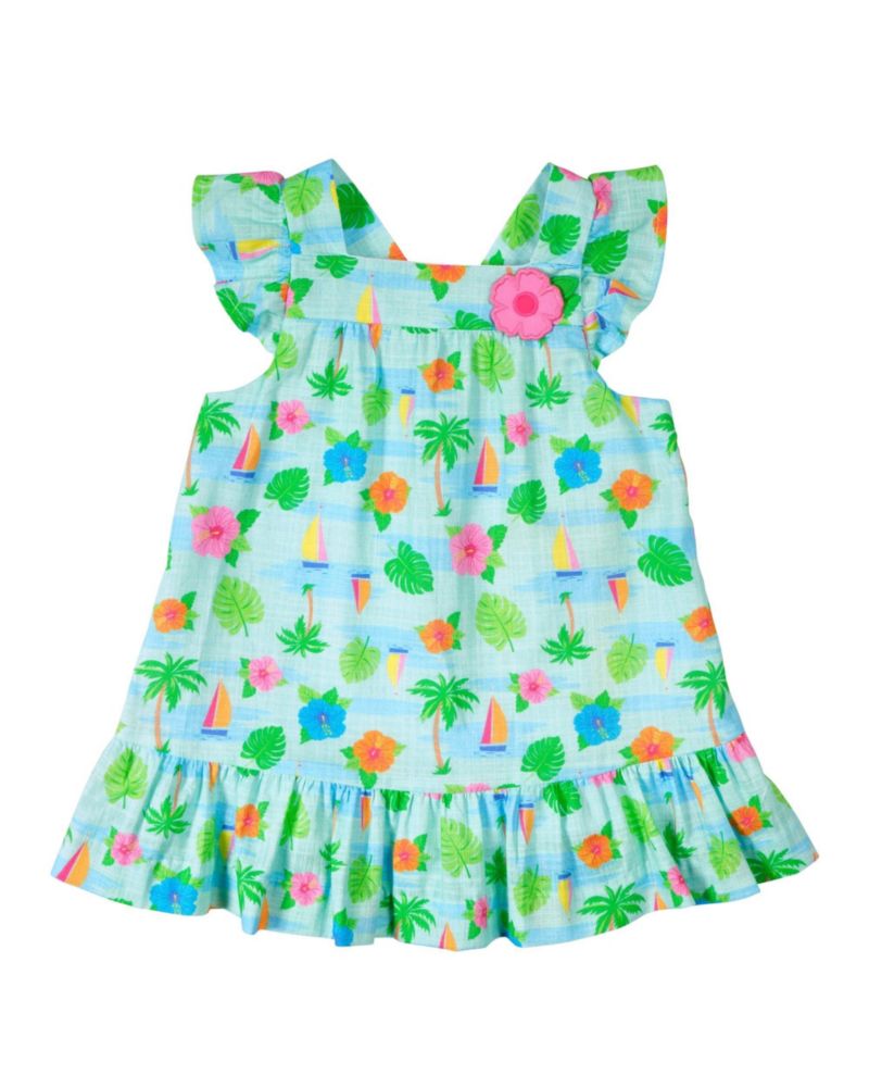 Baby Girl Printed Linen Look Dress With Flower