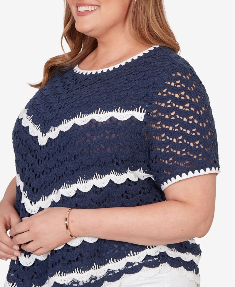 Plus Size Port Side Chevron Crochet Short-Sleeve Top